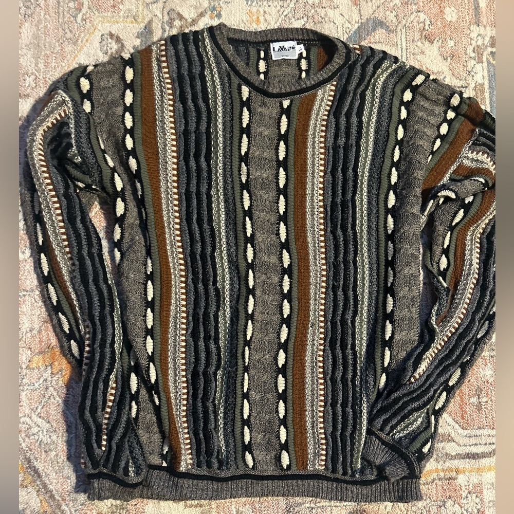 Vtg Lavane Sweater Mens L Orange Knit Coogi Cosby Grandpa Style USA 90s 3D Art